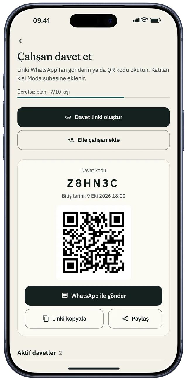 Çalışan davet ekranı: davet linki, davet kodu ve QR kod