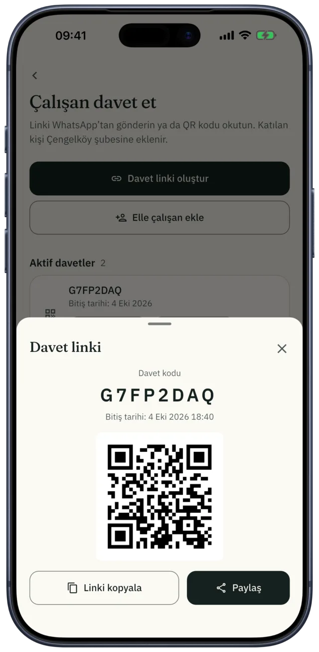 Çalışan davet ekranı: davet linki, davet kodu ve QR kod