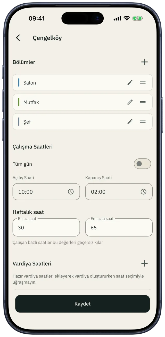 Şube ayarları: bölümler, çalışma saatleri ve haftalık saat sınırları