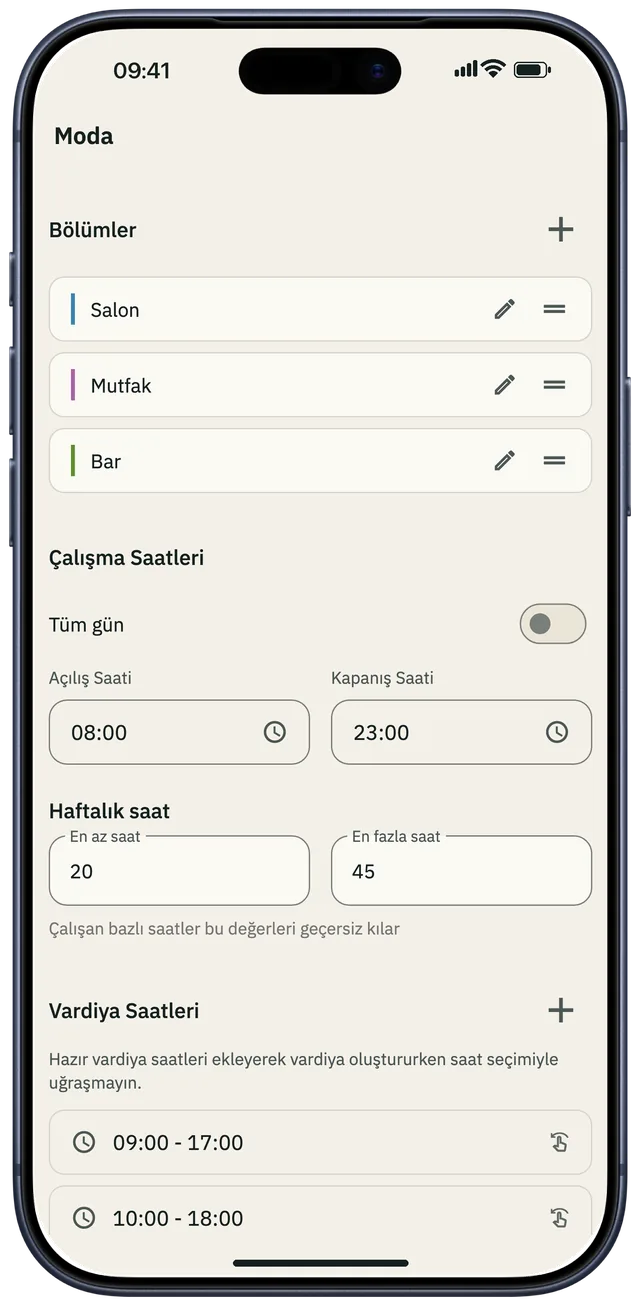 Şube ayarları: bölümler, çalışma saatleri ve haftalık saat sınırları