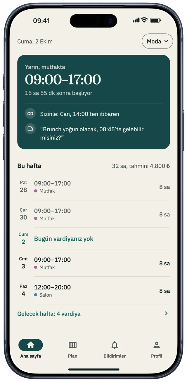Çalışan ana ekranı: sıradaki vardiya, kiminle çalışacağı, haftalık saat ve tahmini kazanç