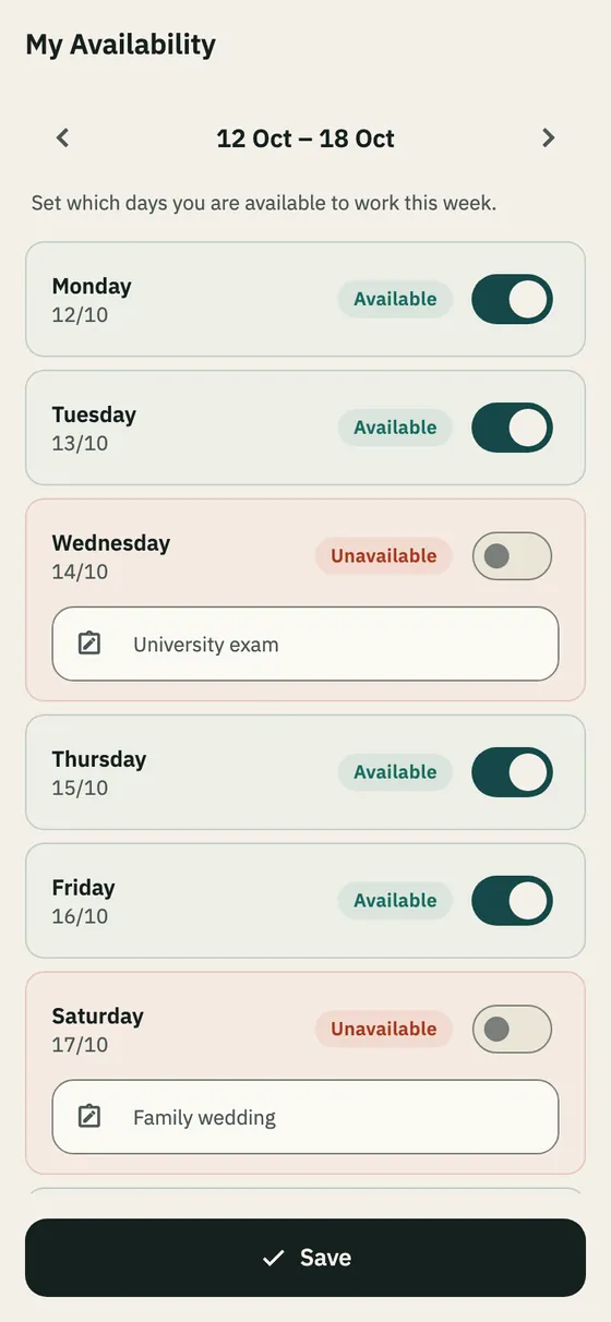 The availability page: available and unavailable by day