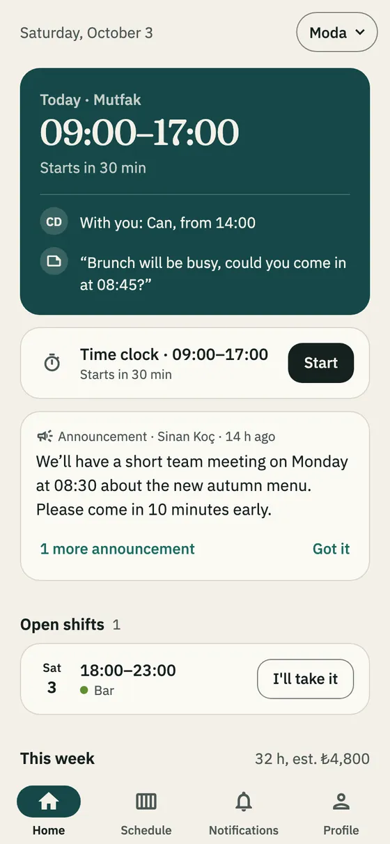 The time clock card on Home with the Start button