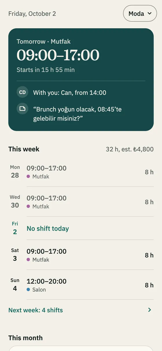 The employee home screen: the next shift card and the week’s shifts