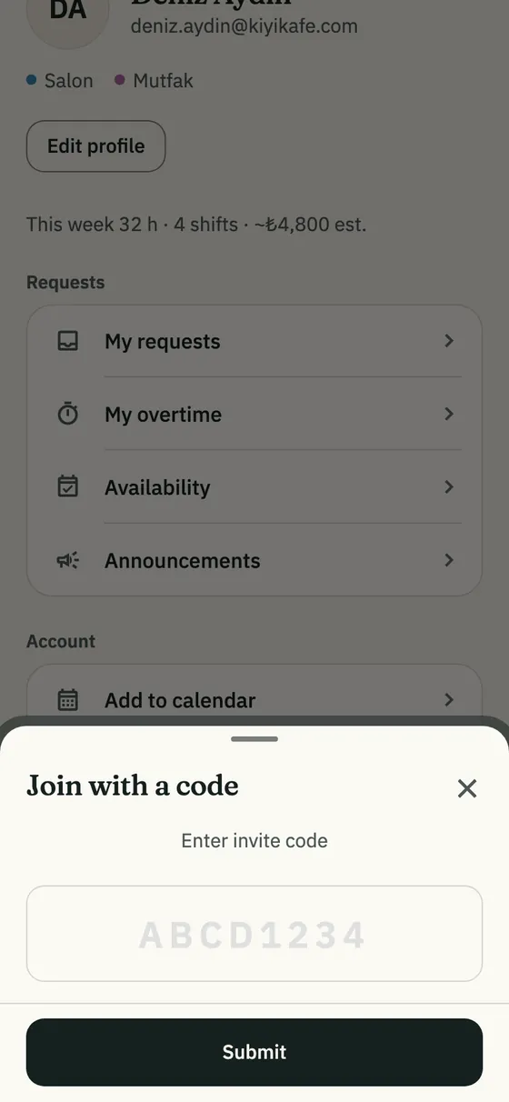 The Join with a code sheet: the invite code field and the Submit button