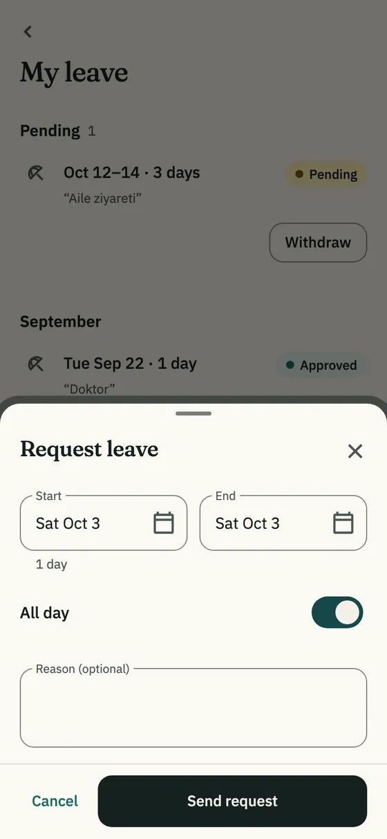 The Request leave sheet: start, end, all day and reason