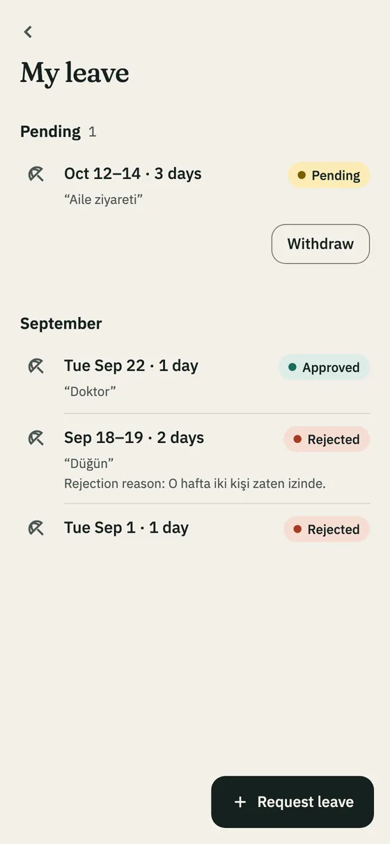 The My leave page: pending and decided requests