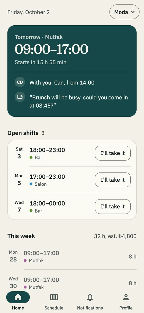 The Open shifts section and the I’ll take it button