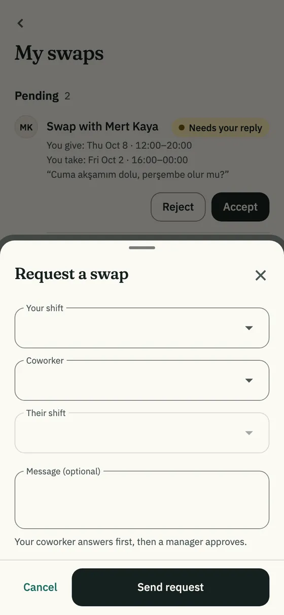 The Request a swap sheet: your shift, coworker and their shift