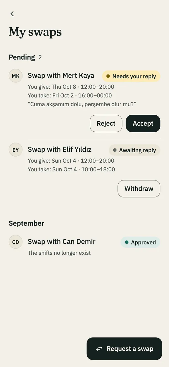 The My swaps page: a swap waiting for a reply and the Accept button