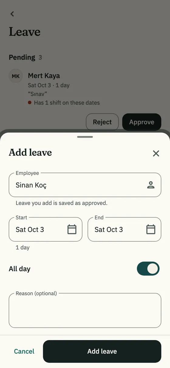 The Add leave sheet