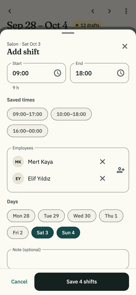 The Add shift sheet: times, saved times, employees and days