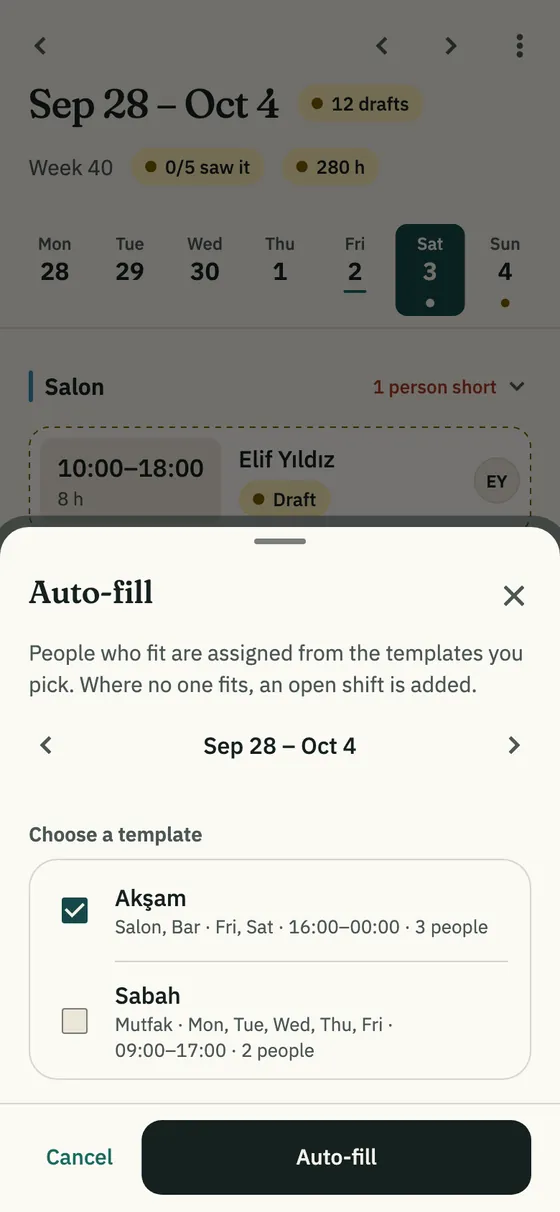 The Auto-fill sheet: week and template choice