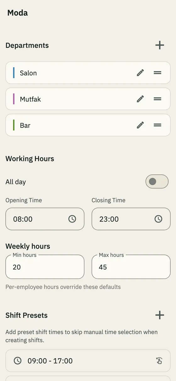 Branch settings: departments, working hours and weekly hours