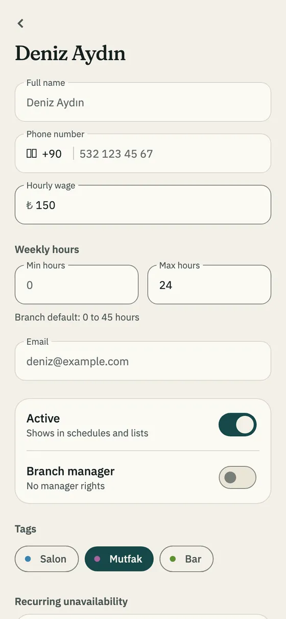 Editing an employee: hourly wage, weekly hours, tags