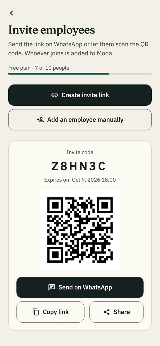 The Invite employees screen: invite code and QR code