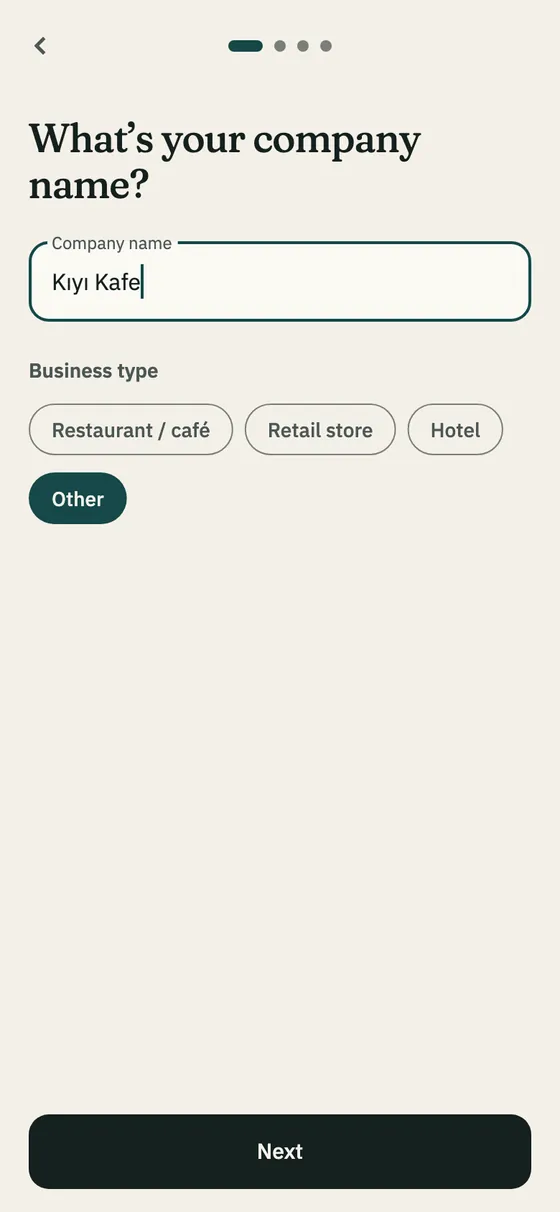 The company name and business type screen