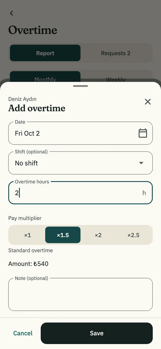 The Add overtime sheet: date, hours and pay multiplier