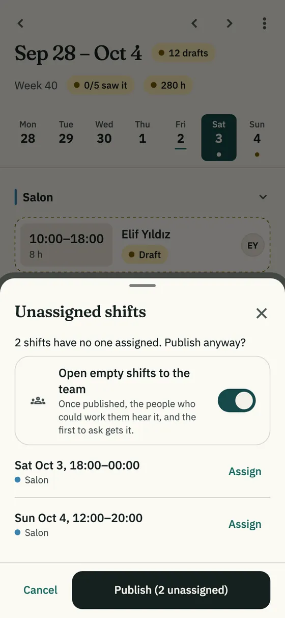 The Unassigned shifts list and the Open empty shifts to the team switch