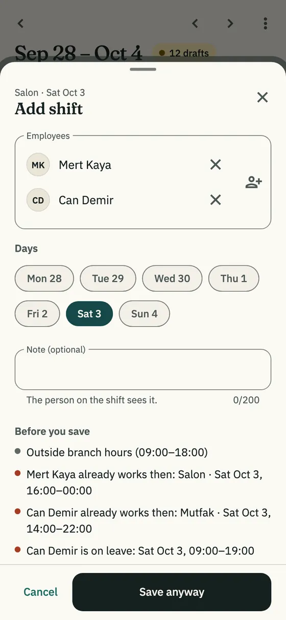 The Edit shift sheet