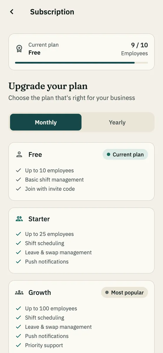 The subscription screen: plans and team size