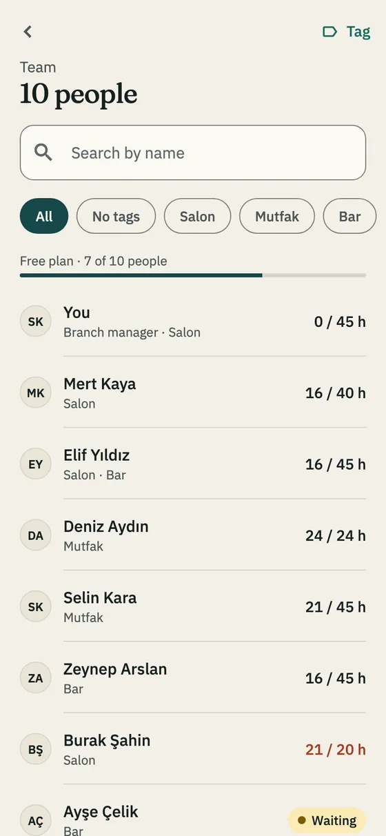 The team list: people and their weekly hours