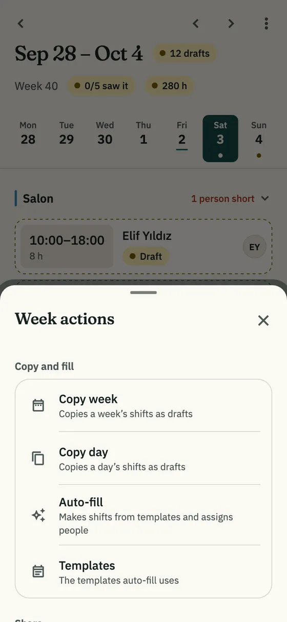 The Week actions menu