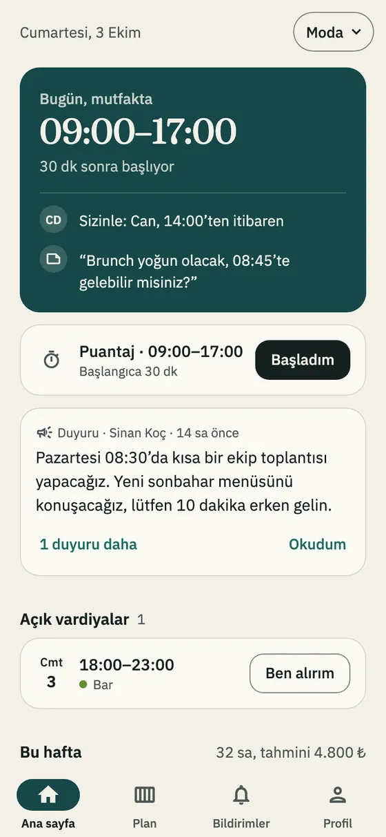 Ana sayfada puantaj kartı ve Başladım düğmesi