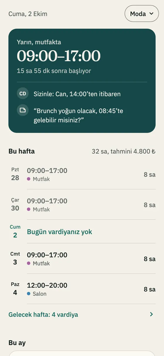 Çalışan ana sayfası: sıradaki vardiya kartı ve haftanın vardiyaları