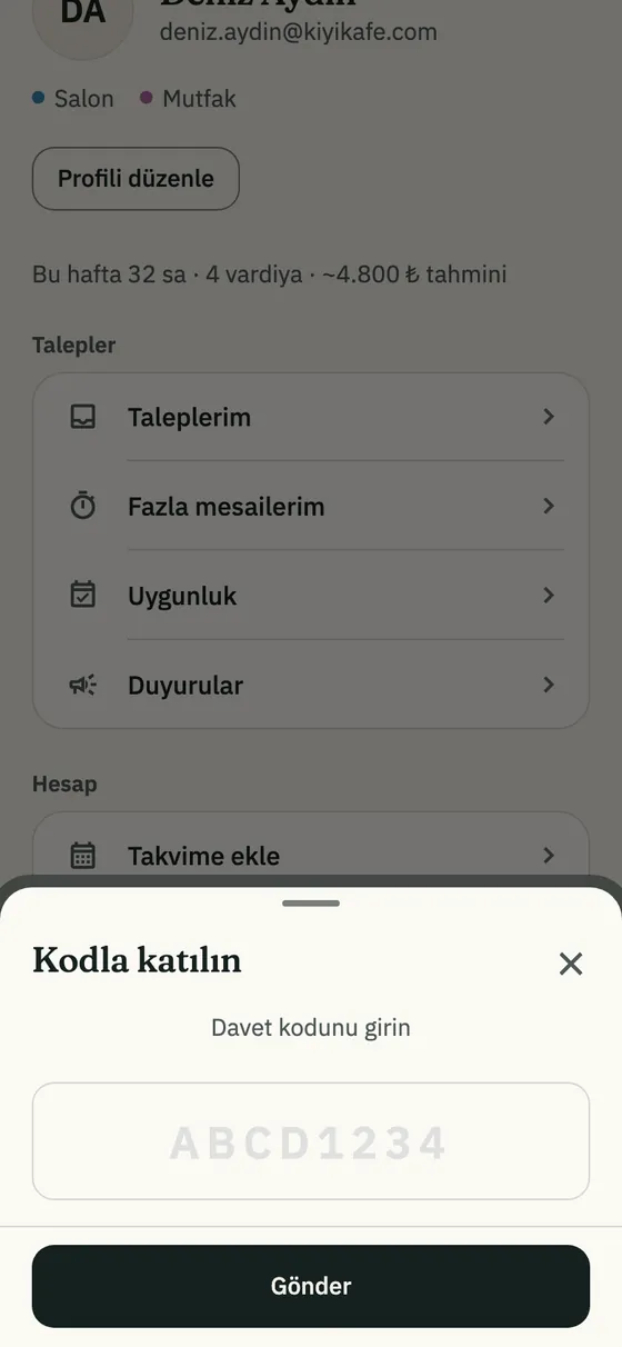 Kodla katılın penceresi: davet kodu alanı ve Gönder düğmesi