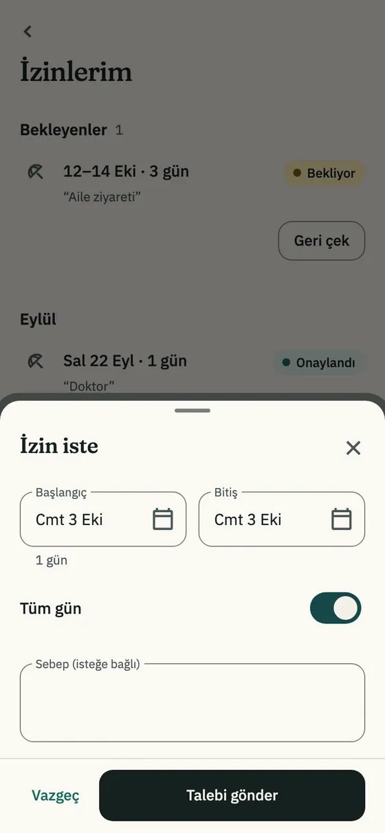 İzin iste penceresi: başlangıç, bitiş, tüm gün ve sebep