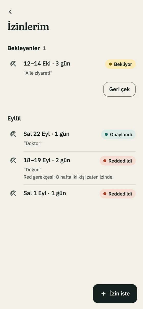 İzinlerim sayfası: bekleyen ve karar verilmiş talepler