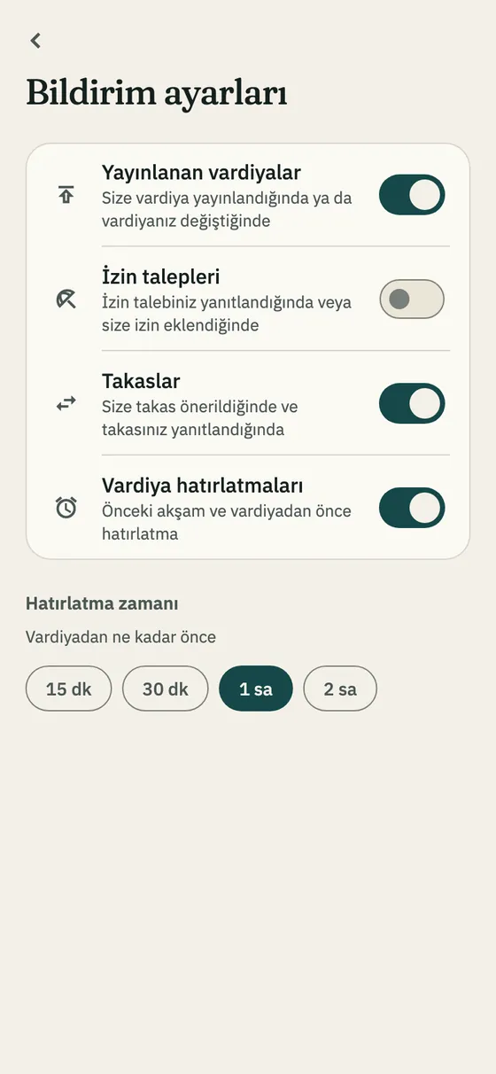 Bildirim ayarları ve hatırlatma zamanı