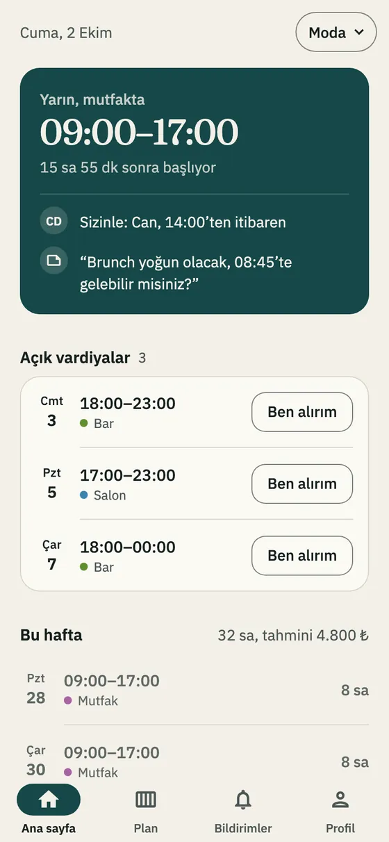 Açık vardiyalar bölümü ve Ben alırım düğmesi