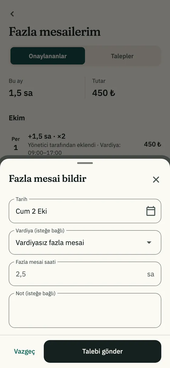 Fazla mesai bildir penceresi