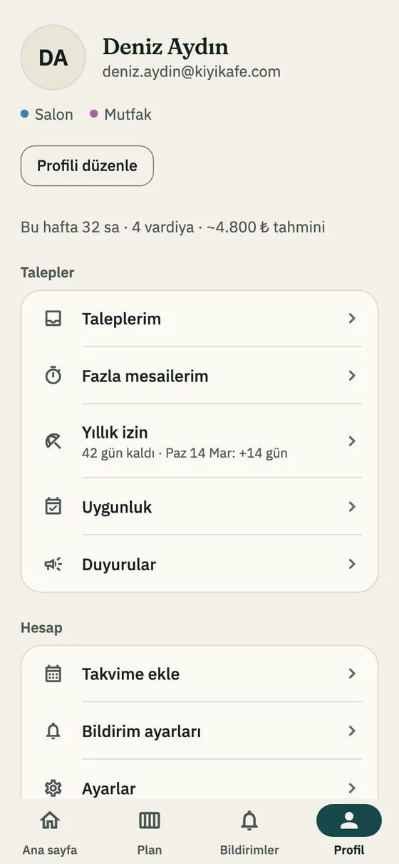 Profil sayfası: Yıllık izin satırı ve talepler
