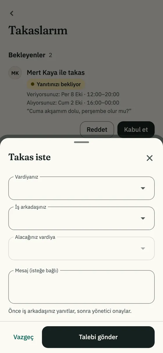 Takas iste penceresi: vardiyanız, iş arkadaşınız ve alacağınız vardiya