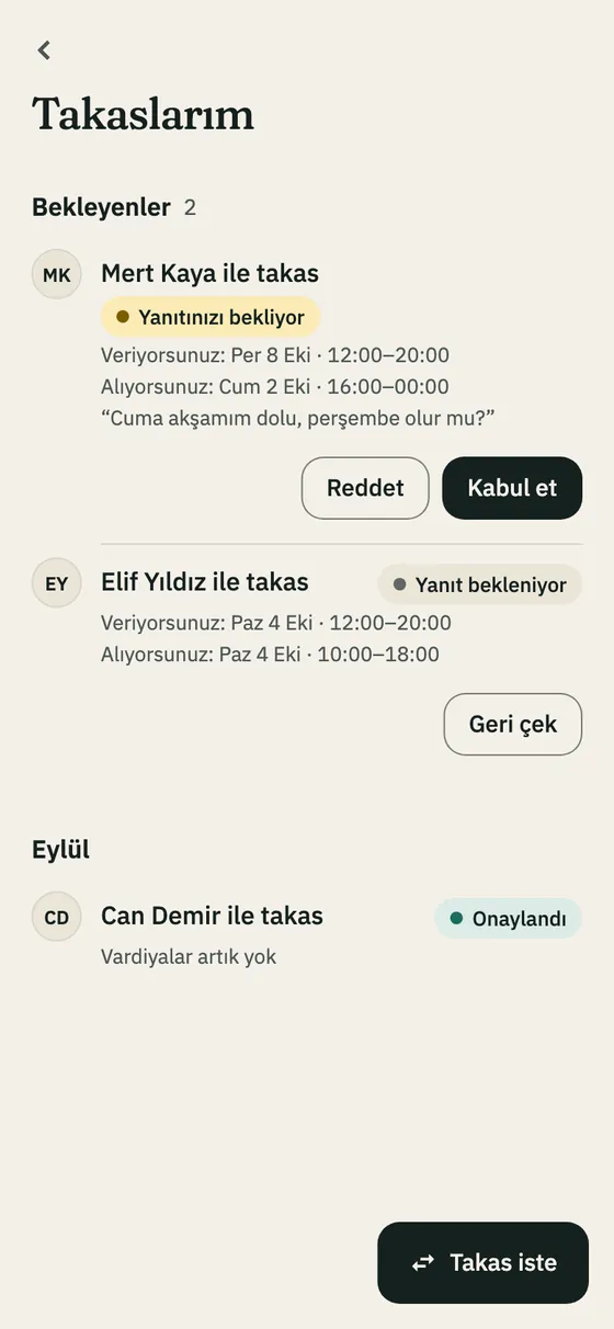 Takaslarım sayfası: yanıt bekleyen takas ve Kabul et düğmesi