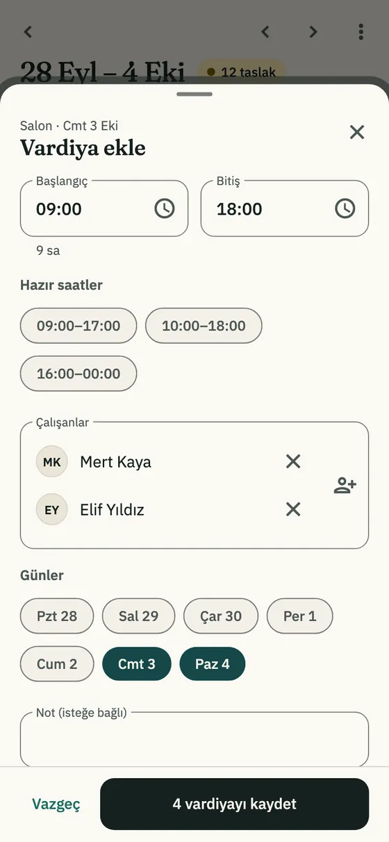 Vardiya ekle penceresi: saatler, hazır saatler, çalışanlar ve günler