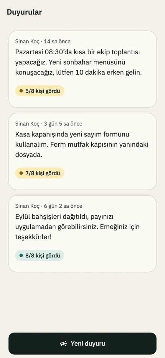 Duyurular: gönderilen duyurular ve kaç kişinin gördüğü