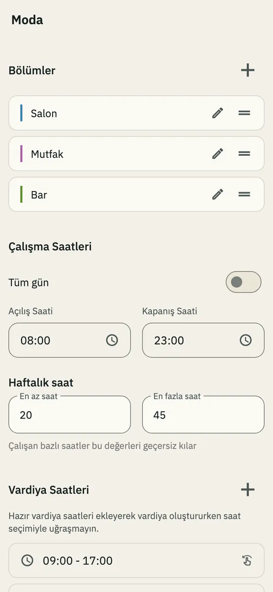 Şube ayarları: bölümler, çalışma saatleri ve haftalık saat
