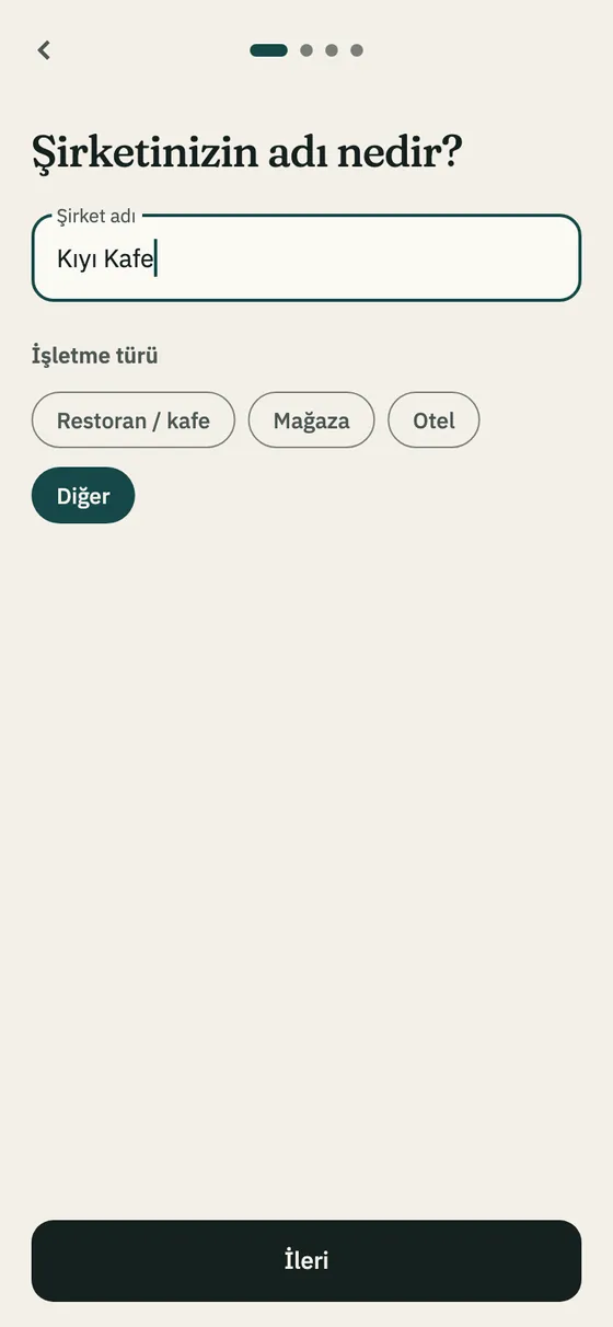 Şirket adı ve işletme türü ekranı