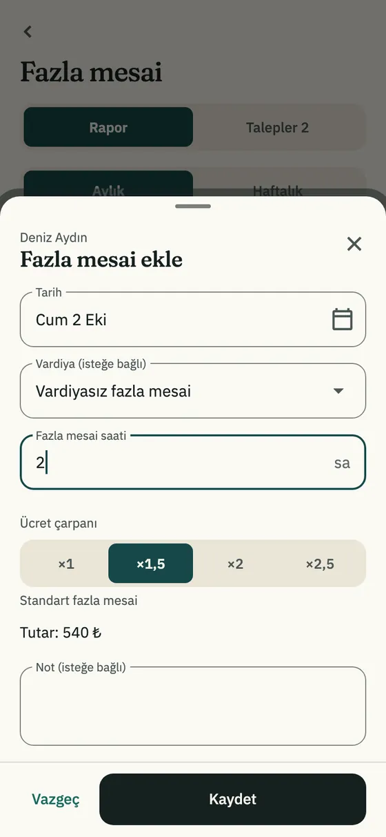 Fazla mesai ekle penceresi: tarih, saat ve ücret çarpanı