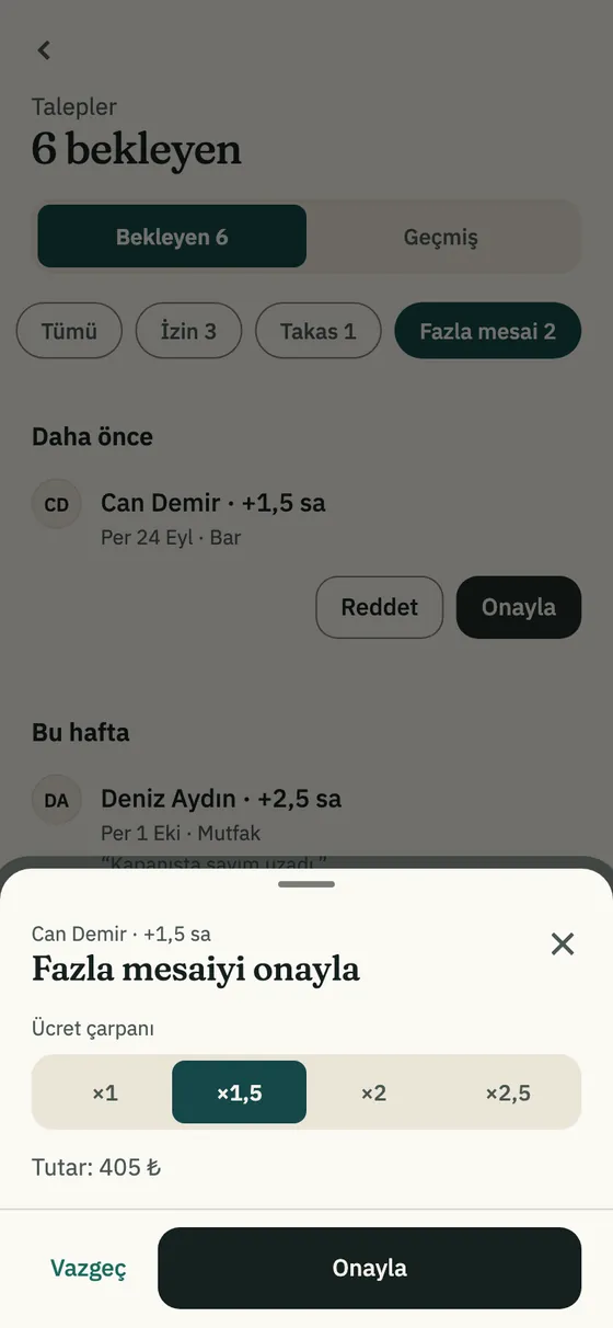 Fazla mesaiyi onayla: ücret çarpanı ve tutar
