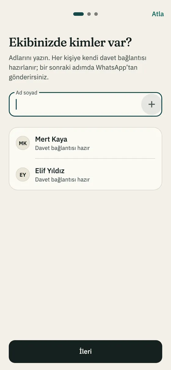 Kurulum sihirbazı: Ekibinizde kimler var?