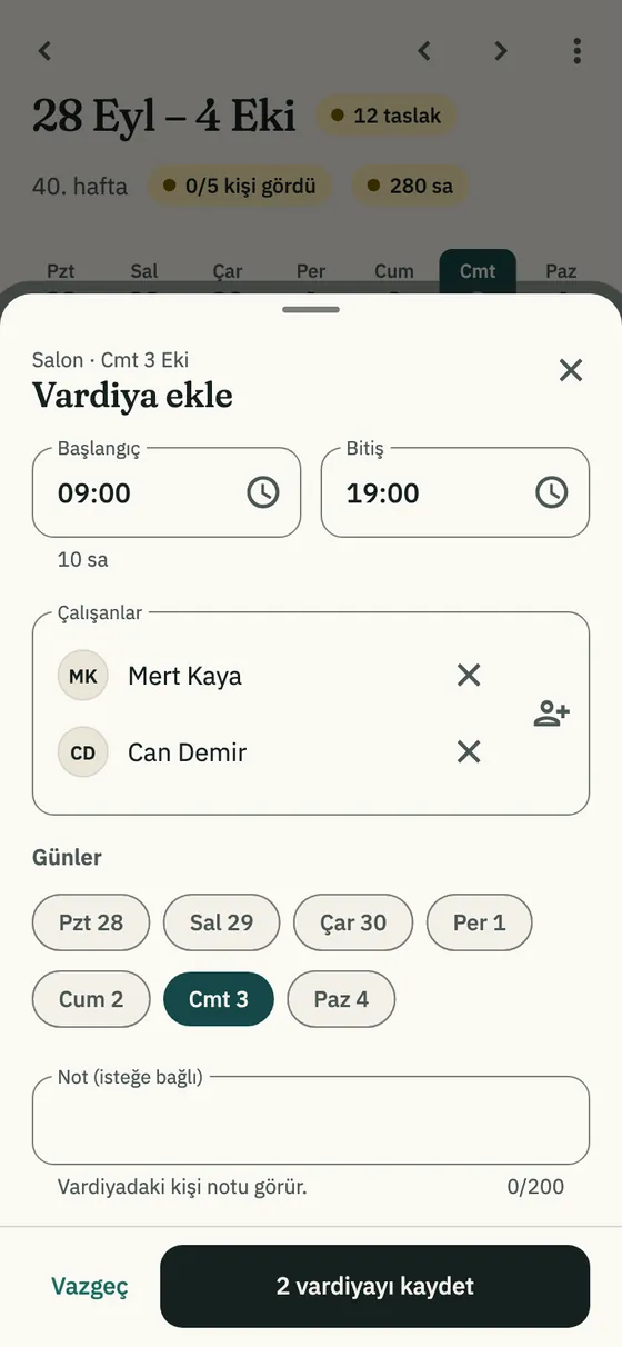 Vardiya düzenleme penceresi