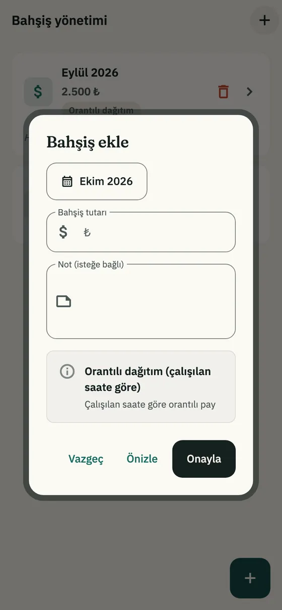 Bahşiş ekle penceresi