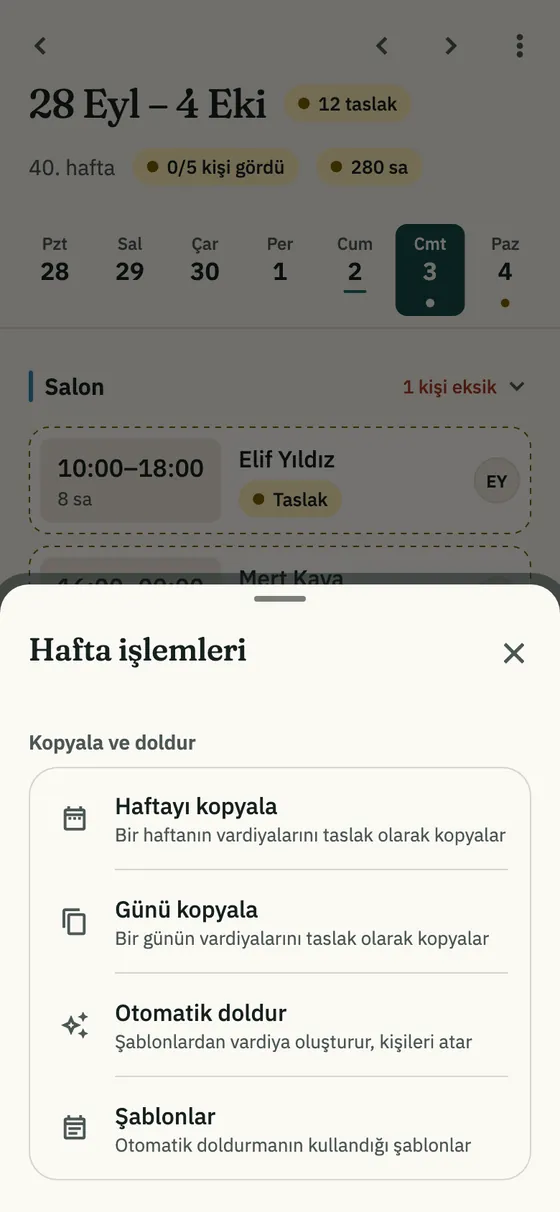Hafta işlemleri menüsü